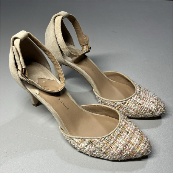Anthropologie Tweed Heels Womens 8.5 d'Orsay Tan Pink Ankle Strap Shoes - Picture 1 of 11